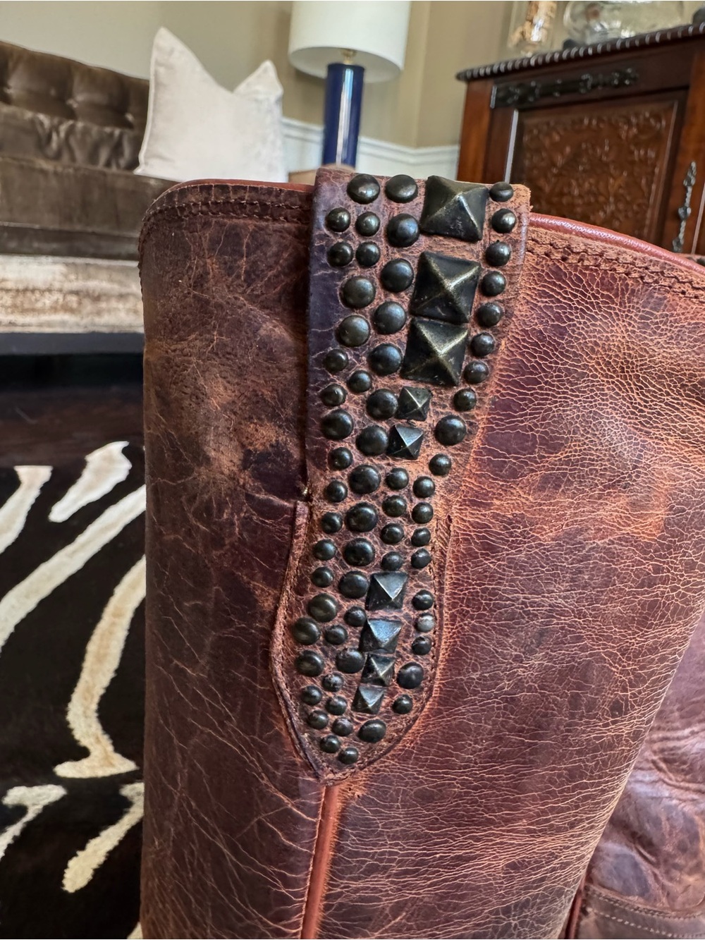 Lucchese Brown Studded Knee-High Heeled Boots - Picture 4 of 9